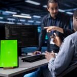 multiethnic team using green screen tablet to oversee servers